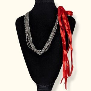 5-Strand Chain & Red Ribbon Necklace